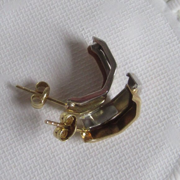 14k 2 tone, White & Yellow Gold Stud Earrings, 1/2 Octagon, Art Deco - Picture 3 of 11